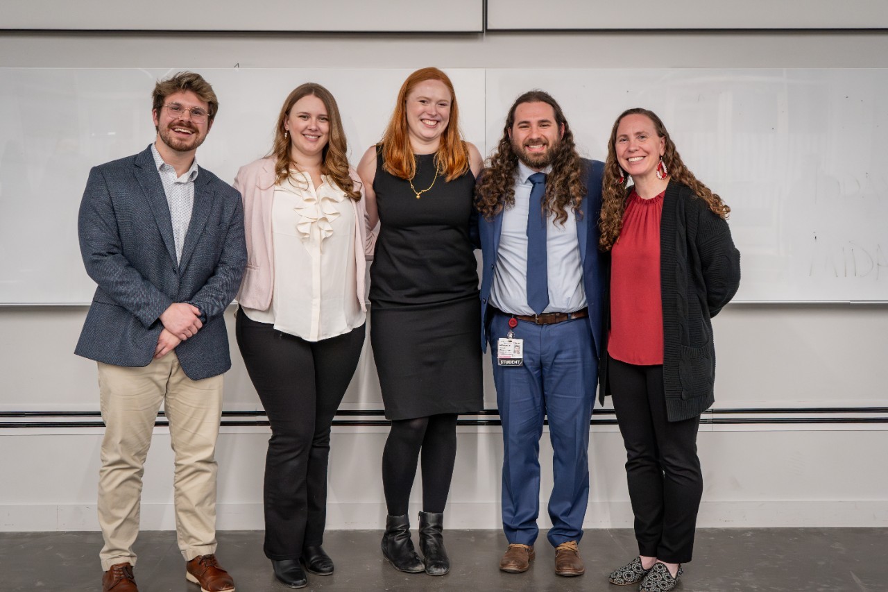 The four winners of the 2025 competition stand on stage with Dean Rose Marie Ward