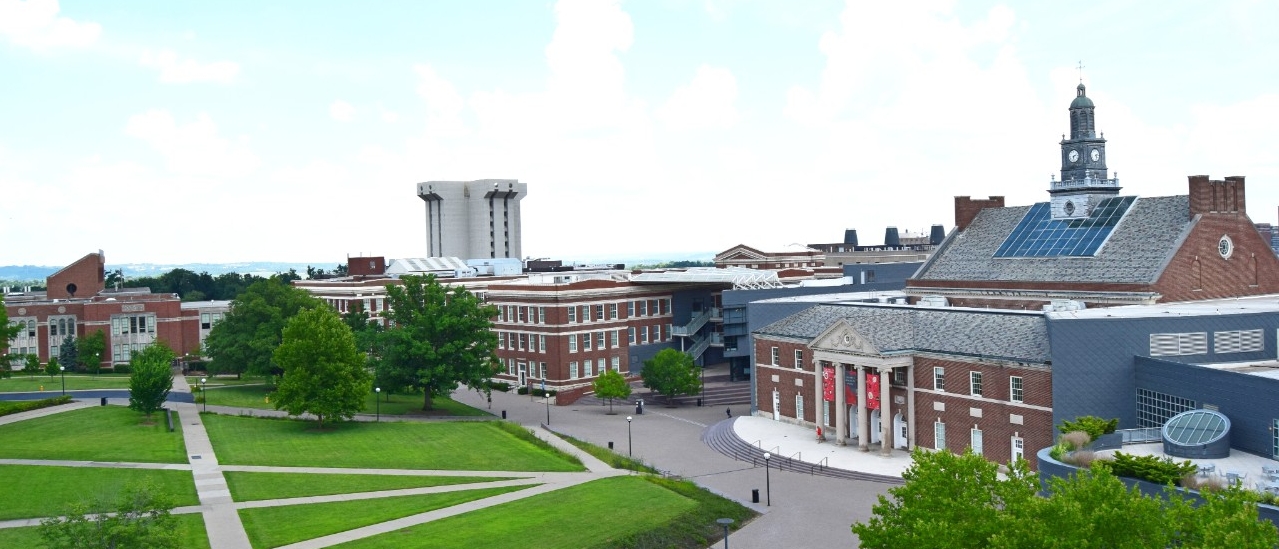 Tangeman University Center, the heart of UC student life (right), faces Arts & Sciences Hall across the Bearcats Commons greenspace.